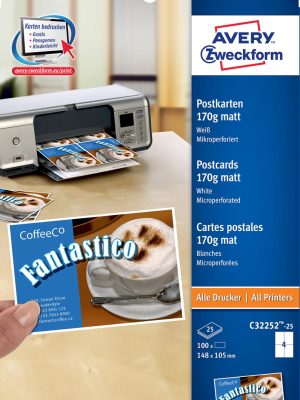 Avery briefkaart, 170 g/m², 4 per blad, 100 stuks