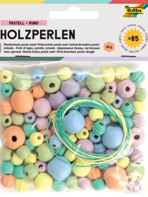 Folia houten parels, pastel, blister van 84 stuks in geassorteerde maten