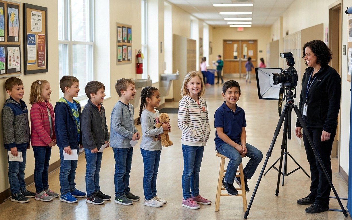 schoolkinderen in de rij voor de schoolfotograaf