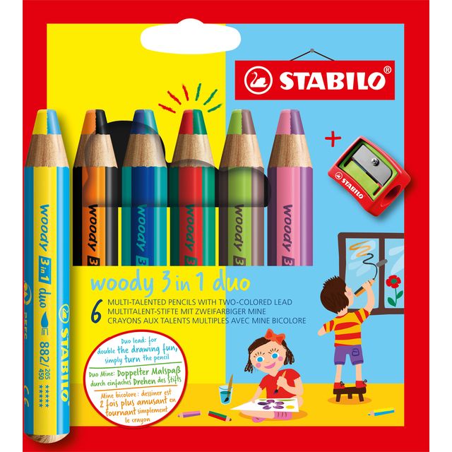STABILO woody 3 in 1 duo, multifunctioneel kleurpotlood met tweekleurige punt, 6 stuks in kartonnen etui + puntenslijper 1 STABILO woody 3 in 1 duo, multifunctioneel kleurpotlood met tweekleurige punt, 6 stuks in kartonnen etui + puntenslijper