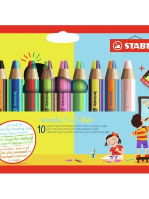 STABILO woody 3 in 1 duo, multifunctioneel kleurpotlood met tweekleurige punt- 10 stuks in kartonnen etui + puntenslijper