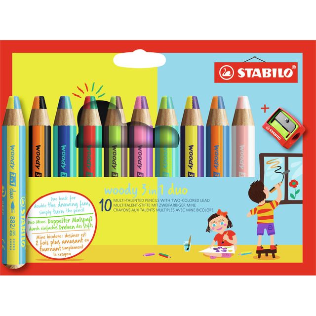 STABILO woody 3 in 1 duo, multifunctioneel kleurpotlood met tweekleurige punt- 10 stuks in kartonnen etui + puntenslijper 1 STABILO woody 3 in 1 duo, multifunctioneel kleurpotlood met tweekleurige punt- 10 stuks in kartonnen etui + puntenslijper