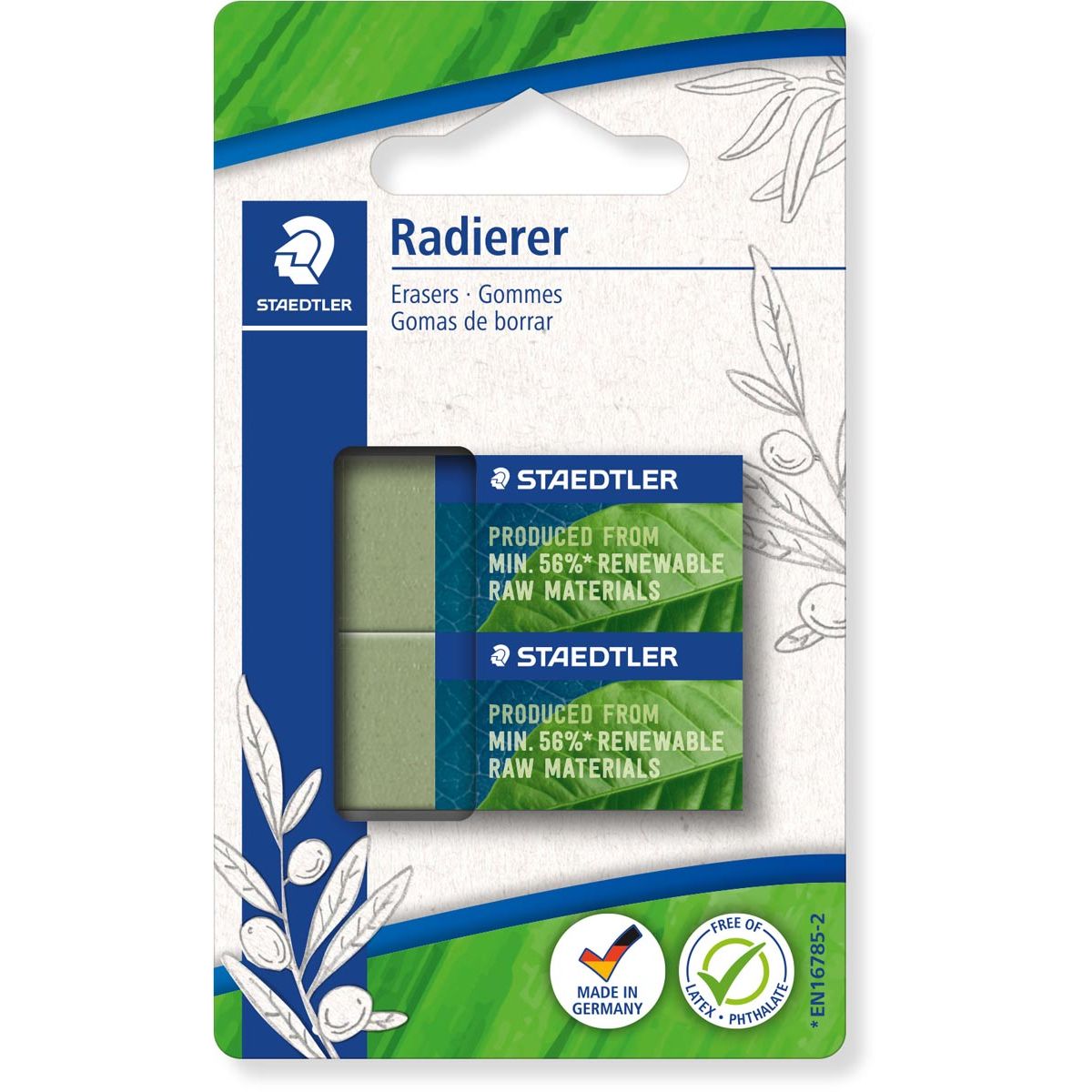 Staedtler gum Eco, olijfgroen, blister van 2 stuks 1 Staedtler gum Eco, olijfgroen, blister van 2 stuks