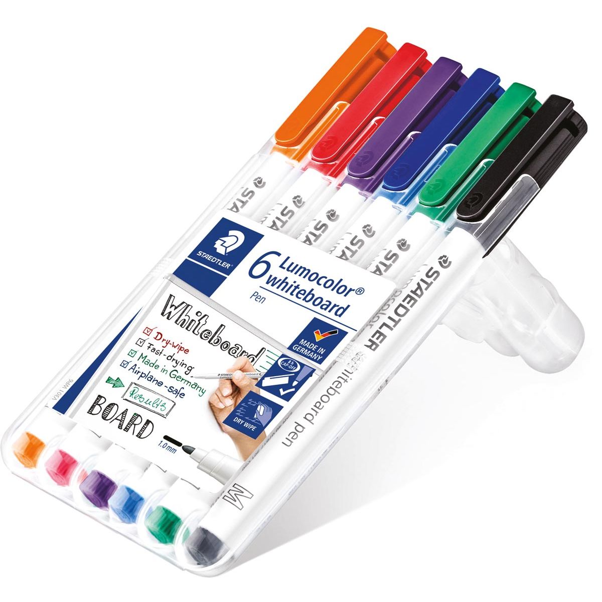 Staedtler whiteboard pen Lumocolor Pen, opstelbare box met 6 stuks in geassorteerde kleuren 1 Staedtler whiteboard pen Lumocolor Pen, opstelbare box met 6 stuks in geassorteerde kleuren