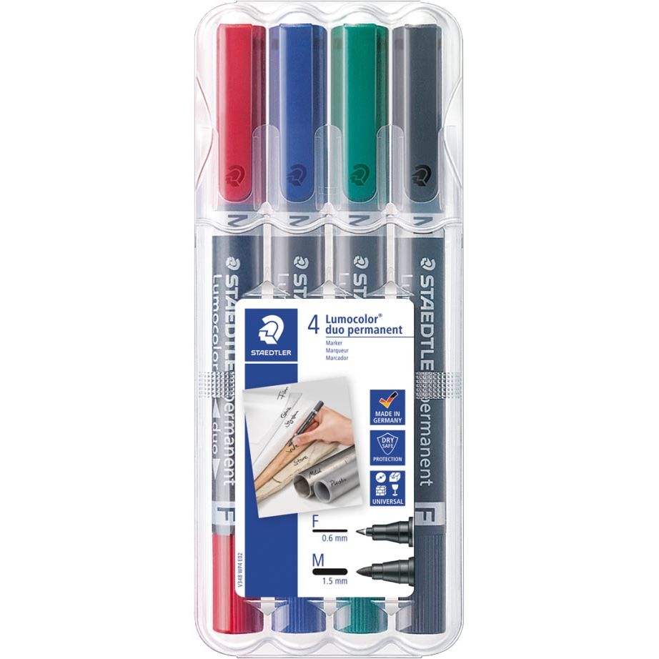 Staedtler Lumocolor Duo 348, permanent marker, doos van 4 stuks in geassorteerde kleuren 1 Staedtler Lumocolor Duo 348, permanent marker, doos van 4 stuks in geassorteerde kleuren