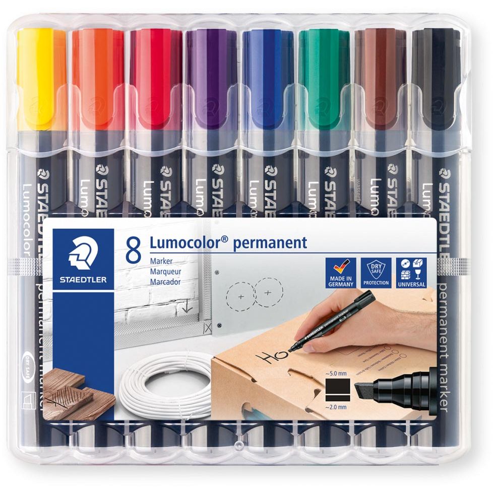 Staedtler Lumocolor 350, permanent marker, schuine punt, 2 - 5 mm, etui van 8 stuks in geassorteerde kleu 1 Staedtler Lumocolor 350, permanent marker, schuine punt, 2 - 5 mm, etui van 8 stuks in geassorteerde kleu