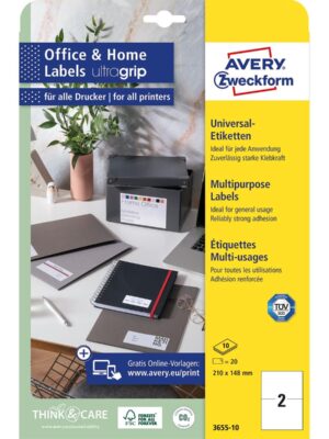 Avery Zweckform universele etiketten, 210 x 148 mm, wit, permanent klevend, 20 etiketten, 10 vellen