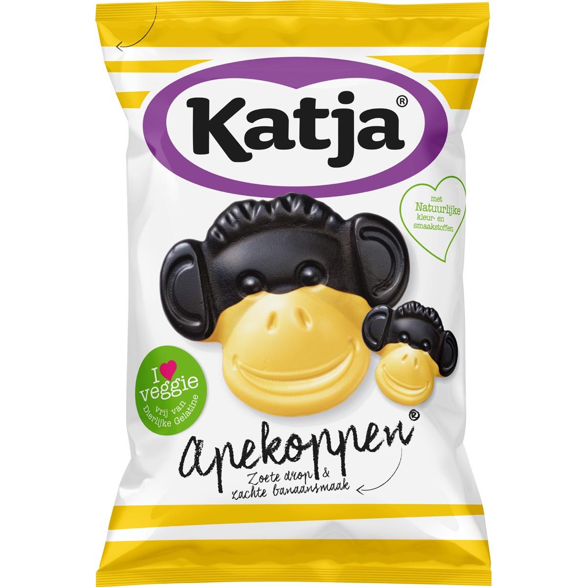 Katja Apekoppen snoep, zoete drop en banaansmaak, zak van 255 g 1 Katja Apekoppen snoep, zoete drop en banaansmaak, zak van 255 g