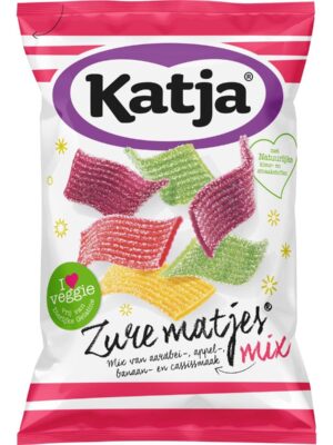 Katja Zure Matjes snoep, mix van aardbei-, appel-, banaan- en cassissmaak, zak van 250 g