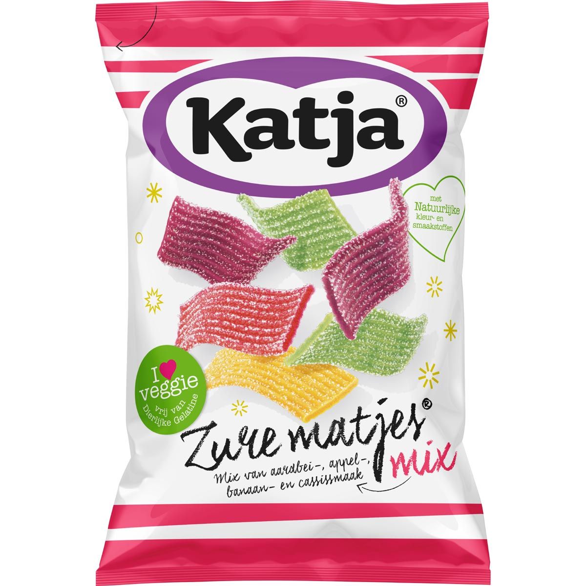 Katja Zure Matjes snoep, mix van aardbei-, appel-, banaan- en cassissmaak, zak van 250 g 1 Katja Zure Matjes snoep, mix van aardbei-, appel-, banaan- en cassissmaak, zak van 250 g