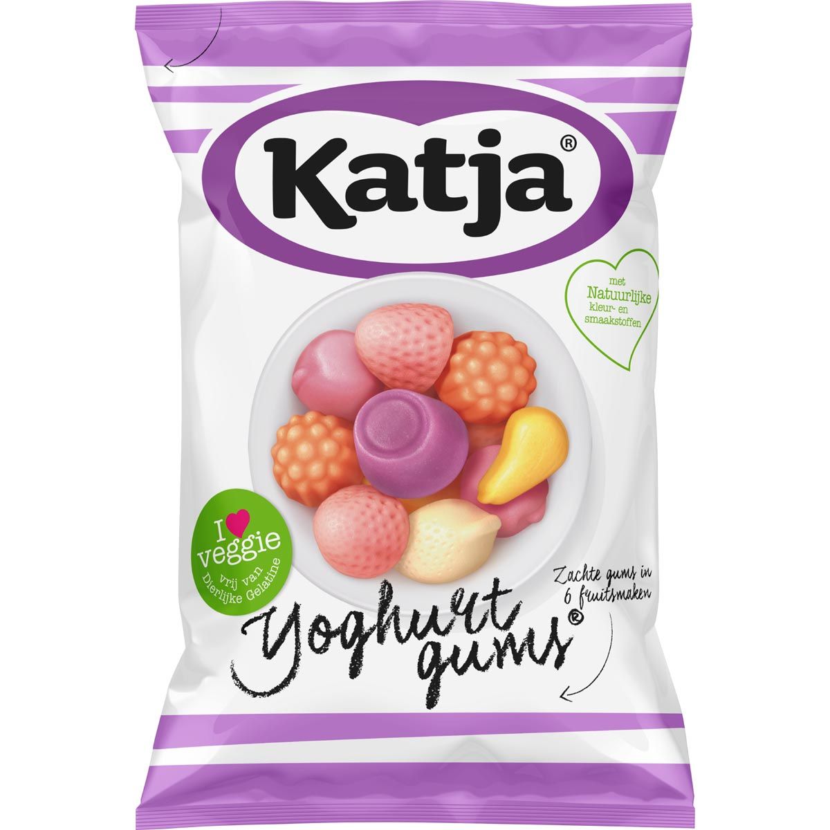 Katja Yoghurtgums snoep, zachte gums in 6 fruitsmaken, zak van 295 g 1 Katja Yoghurtgums snoep, zachte gums in 6 fruitsmaken, zak van 295 g