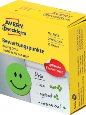 Avery rating dots, diameter 19 mm, rol met 250 stuks, smiley, groen