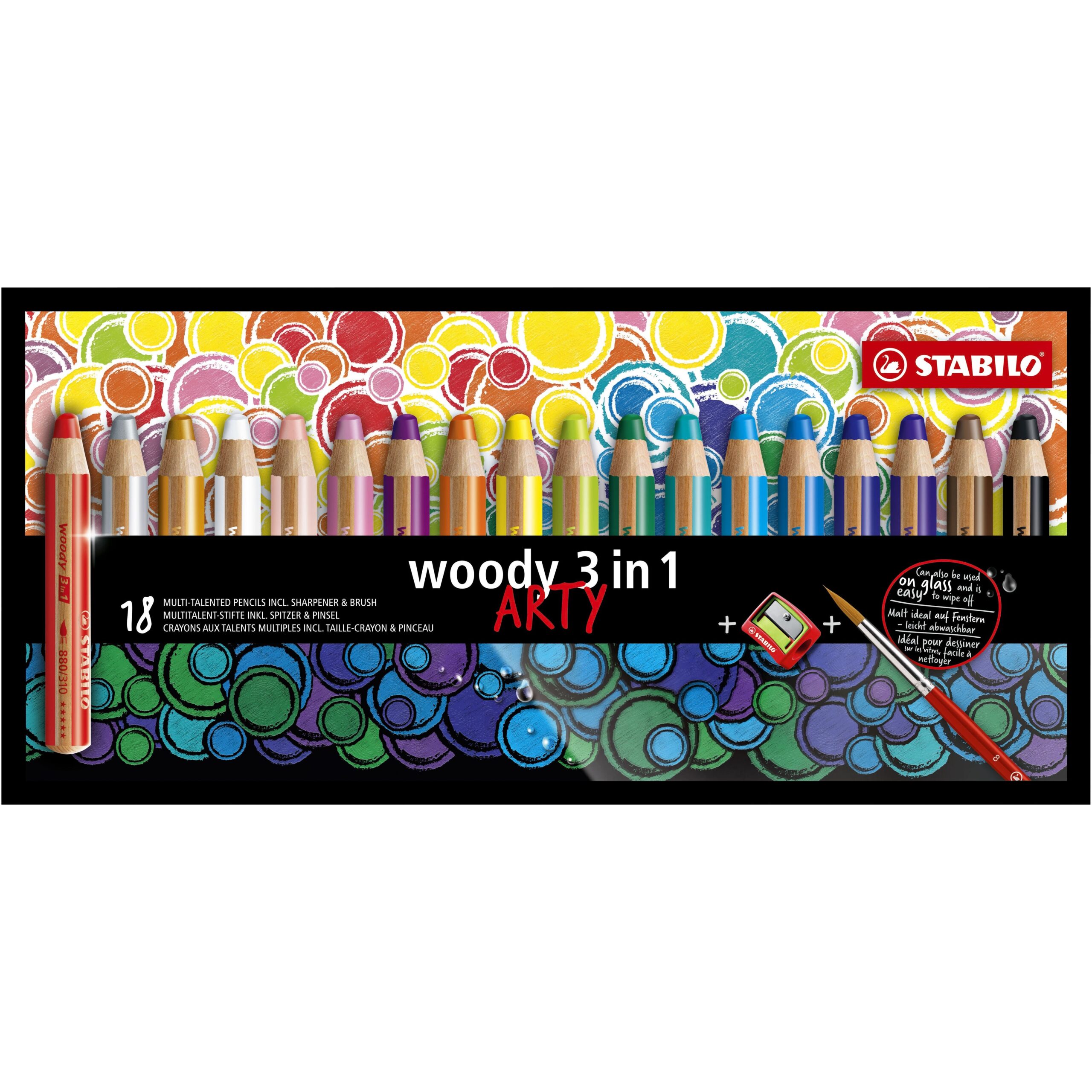 STABILO woody 3 in 1, multitalent kleurpotlood, ARTY etui 18 kleuren + puntenslijper + penseel 1 STABILO woody 3 in 1, multitalent kleurpotlood, ARTY etui 18 kleuren + puntenslijper + penseel