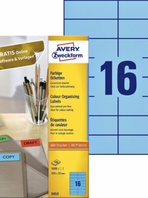 Etiket avery 3453 105x37mm blauw 1600st