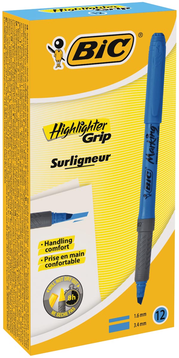 Bic markeerstift Highlighter Grip blauw, doos met 12 stuks 1 Bic markeerstift Highlighter Grip blauw, doos met 12 stuks