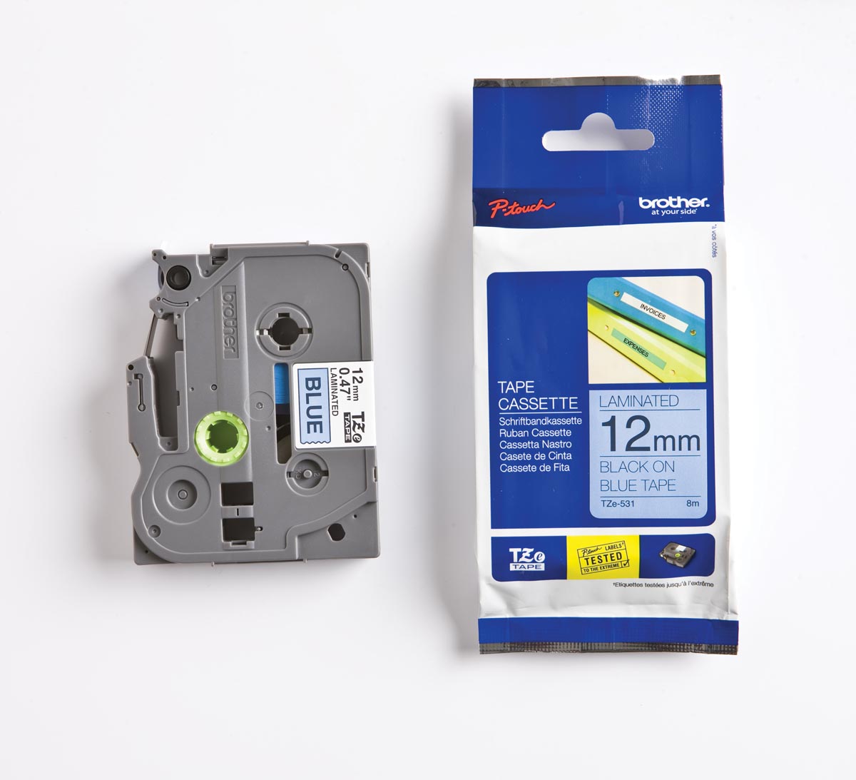 Brother TZe tape voor P-Touch 12 mm, zwart op blauw 1 Brother TZe tape voor P-Touch 12 mm, zwart op blauw