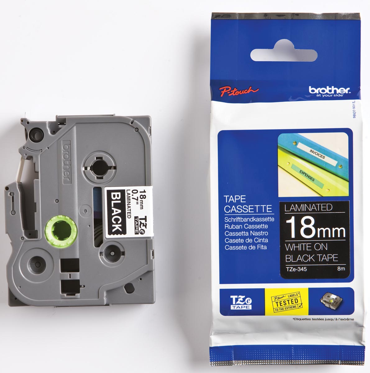 Brother TZe tape voor P-Touch 18 mm, wit op zwart 1 Brother TZe tape voor P-Touch 18 mm, wit op zwart
