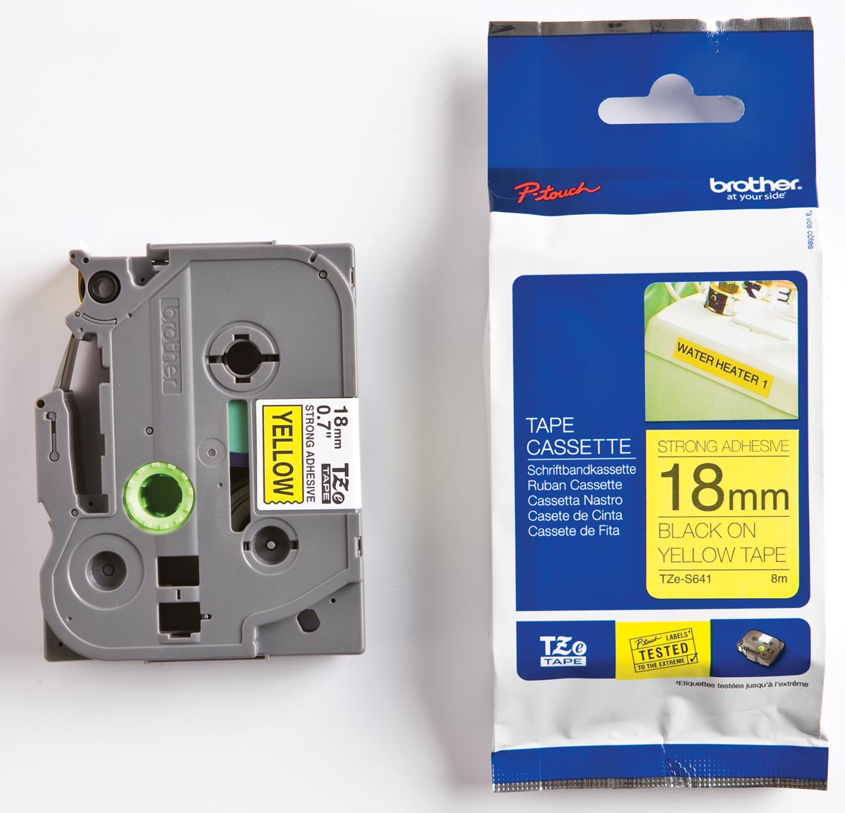 Brother TZe tape voor P-Touch 18 mm, zwart op geel, extra klevend 1 Brother TZe tape voor P-Touch 18 mm, zwart op geel, extra klevend