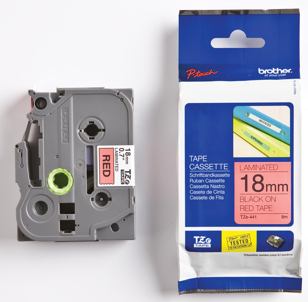 Brother TZe tape voor P-Touch 18 mm, zwart op rood 1 Brother TZe tape voor P-Touch 18 mm, zwart op rood