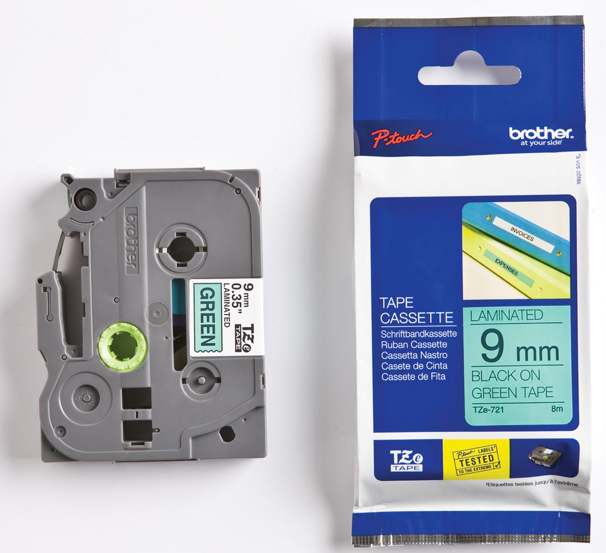 Brother TZe tape voor P-Touch 9 mm, zwart op groen 1 Brother TZe tape voor P-Touch 9 mm, zwart op groen