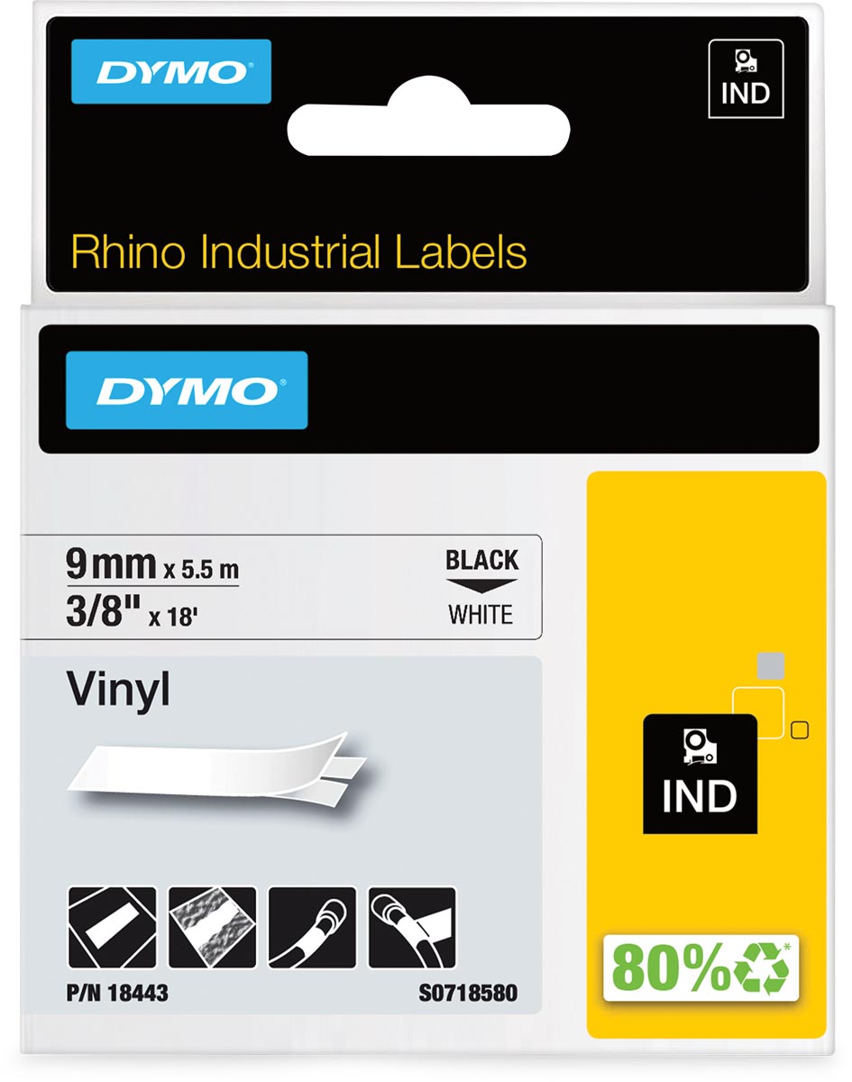 Dymo RHINO vinyltape 9 mm, zwart op wit 1 Dymo RHINO vinyltape 9 mm, zwart op wit