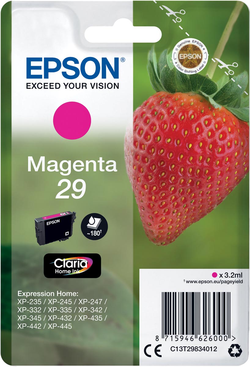 Epson inktcartridge 29, 180 pagina's, OEM C13T29834012, magenta 1 Epson inktcartridge 29, 180 pagina's, OEM C13T29834012, magenta