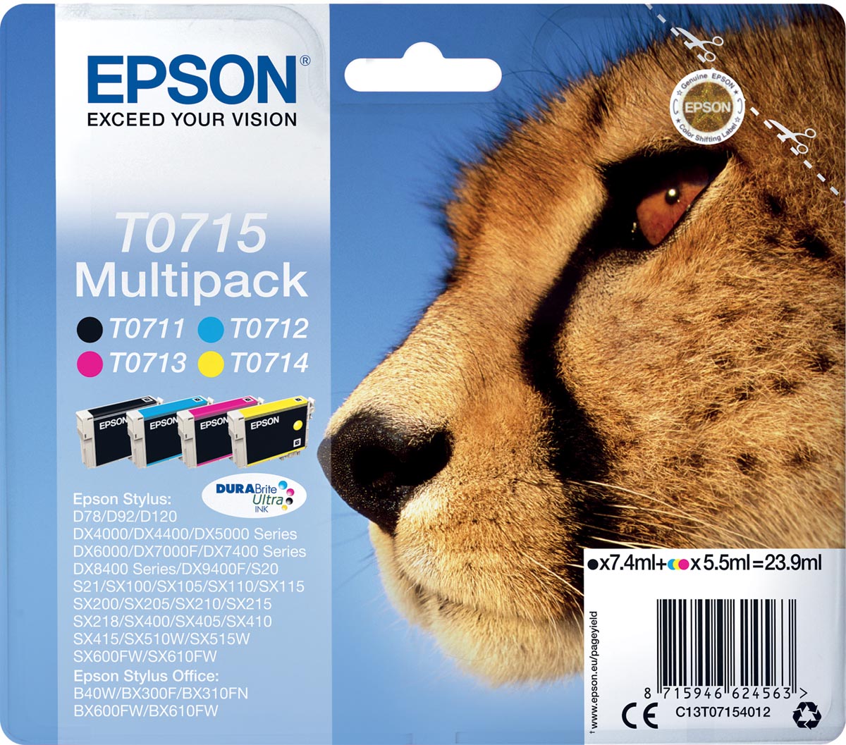 Epson inktcartridge T0715,250-415 pagina's, OEM C13T07154012, 4 kleuren 1 Epson inktcartridge T0715,250-415 pagina's, OEM C13T07154012, 4 kleuren