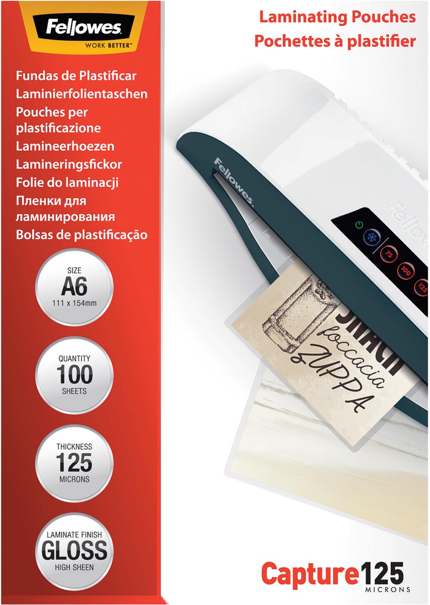 Fellowes lamineerhoes Capture125 ft A6, 250 micron (2 x 125 micron), pak van 100 stuks 1 Fellowes lamineerhoes Capture125 ft A6, 250 micron (2 x 125 micron), pak van 100 stuks
