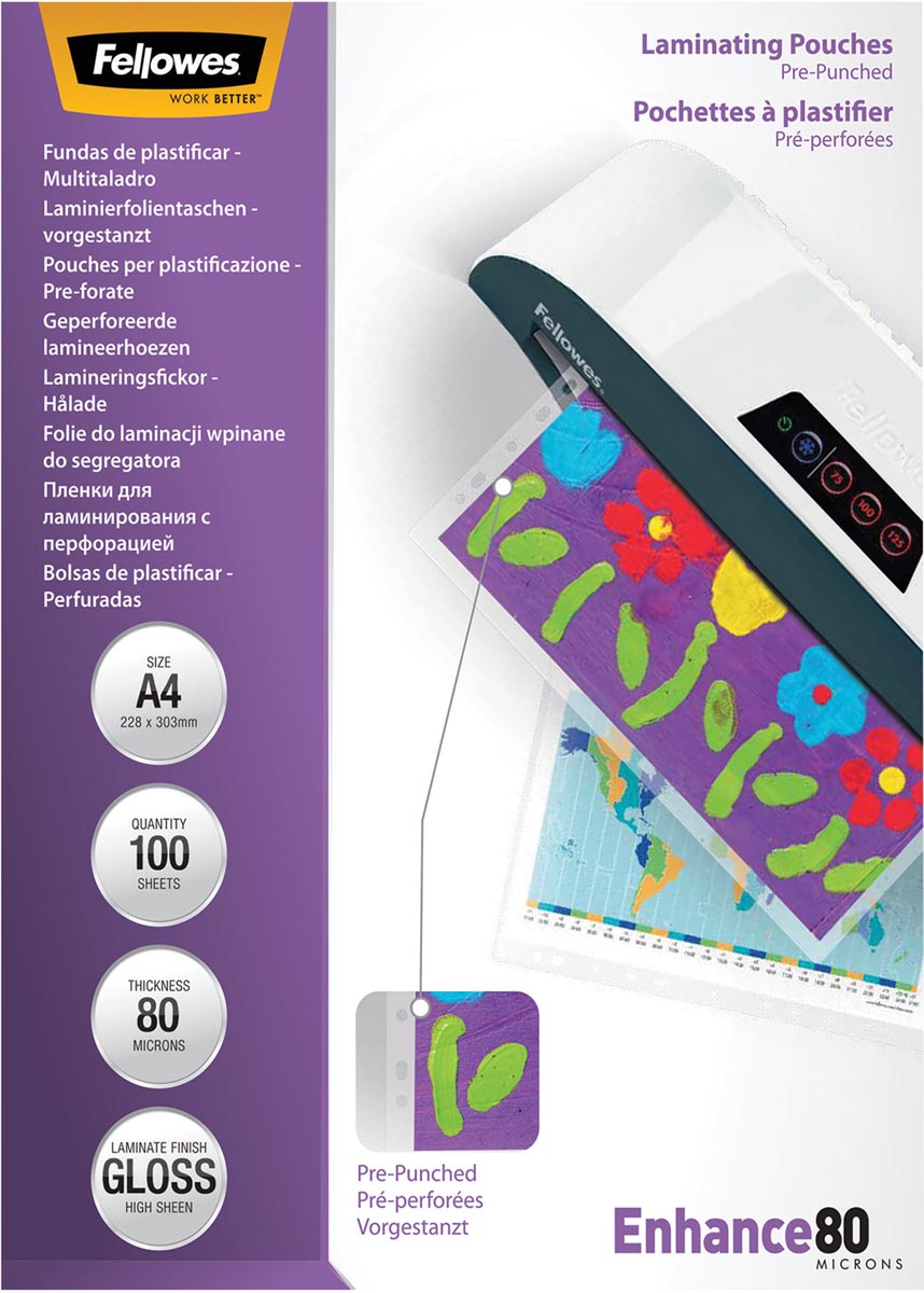 Fellowes lamineerhoes Enhance80 geperforeerd ft228 x 303 mm, 160 micron (2 x 80 micron), pak van 100 stuk 1 Fellowes lamineerhoes Enhance80 geperforeerd ft228 x 303 mm, 160 micron (2 x 80 micron), pak van 100 stuk
