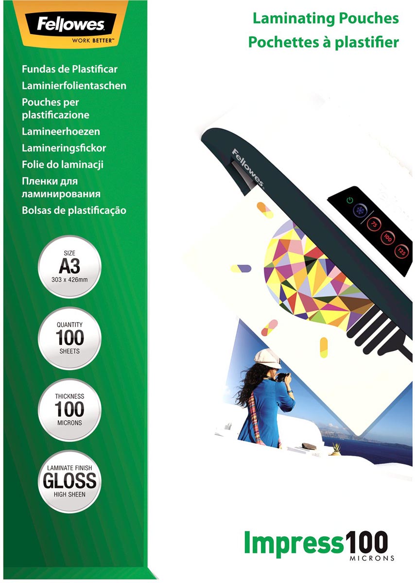 Fellowes lamineerhoes Impress100 ft A3, 200 micron (2 x 100 micron), pak van 100 stuks 1 Fellowes lamineerhoes Impress100 ft A3, 200 micron (2 x 100 micron), pak van 100 stuks