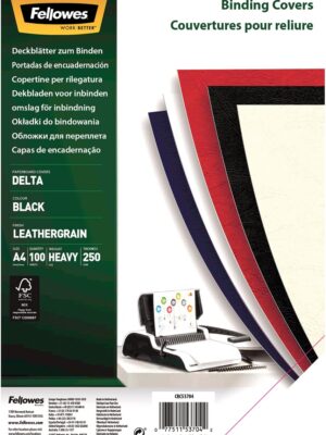 Fellowes omslagen, ft A4, karton lederlook, 250 micron, pak van 100 stuks, zwart