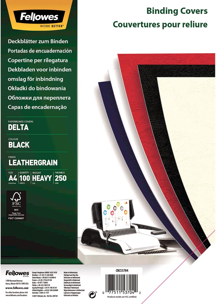 Fellowes omslagen, ft A4, karton lederlook, 250 micron, pak van 100 stuks, zwart 1 Fellowes omslagen, ft A4, karton lederlook, 250 micron, pak van 100 stuks, zwart