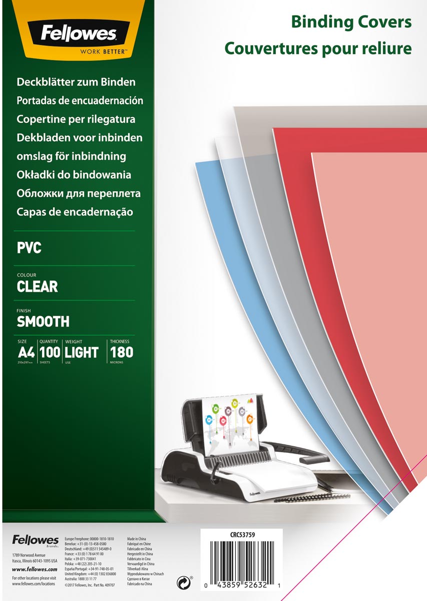 Fellowes omslagen, ft A4, PVC, 180 micron, pak van 100 stuks, transparant 1 Fellowes omslagen, ft A4, PVC, 180 micron, pak van 100 stuks, transparant