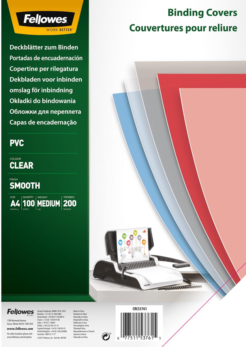Fellowes omslagen, ft A4, PVC, 200 micron, pak van 100 stuks, transparant 1 Fellowes omslagen, ft A4, PVC, 200 micron, pak van 100 stuks, transparant