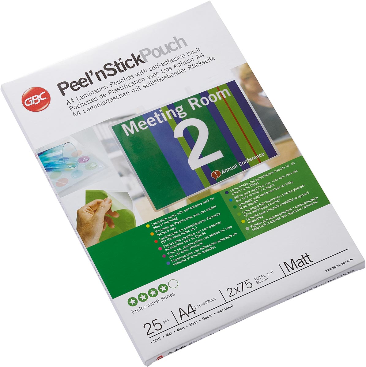 GBC Peel'n Stick lamineerhoes ft A4, 150 micron (2 x 75 micron), mat, pak van 25 stuks 1 GBC Peel'n Stick lamineerhoes ft A4, 150 micron (2 x 75 micron), mat, pak van 25 stuks