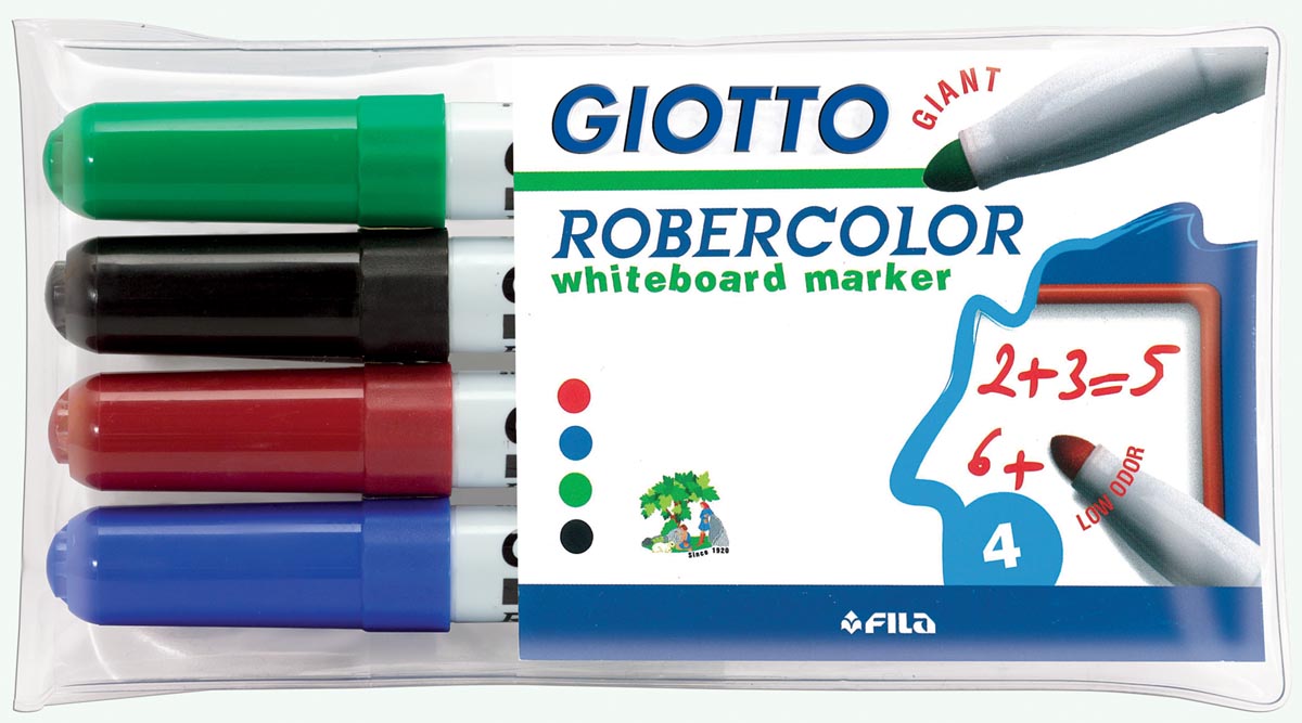 Giotto Robercolor whiteboardmarker maxi, ronde punt, etui met 4 stuks in geassorteerde kleuren 1 Giotto Robercolor whiteboardmarker maxi, ronde punt, etui met 4 stuks in geassorteerde kleuren