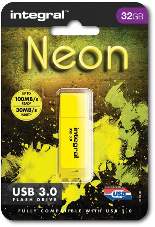 Integral Neon USB 3.0 stick, 32 GB, geel 1 Integral Neon USB 3.0 stick, 32 GB, geel