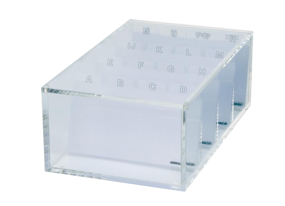 MAUL visitekaartbox acryl met deksel incl. index 11.4x19x7.2cm 1 MAUL visitekaartbox acryl met deksel incl. index 11.4x19x7.2cm