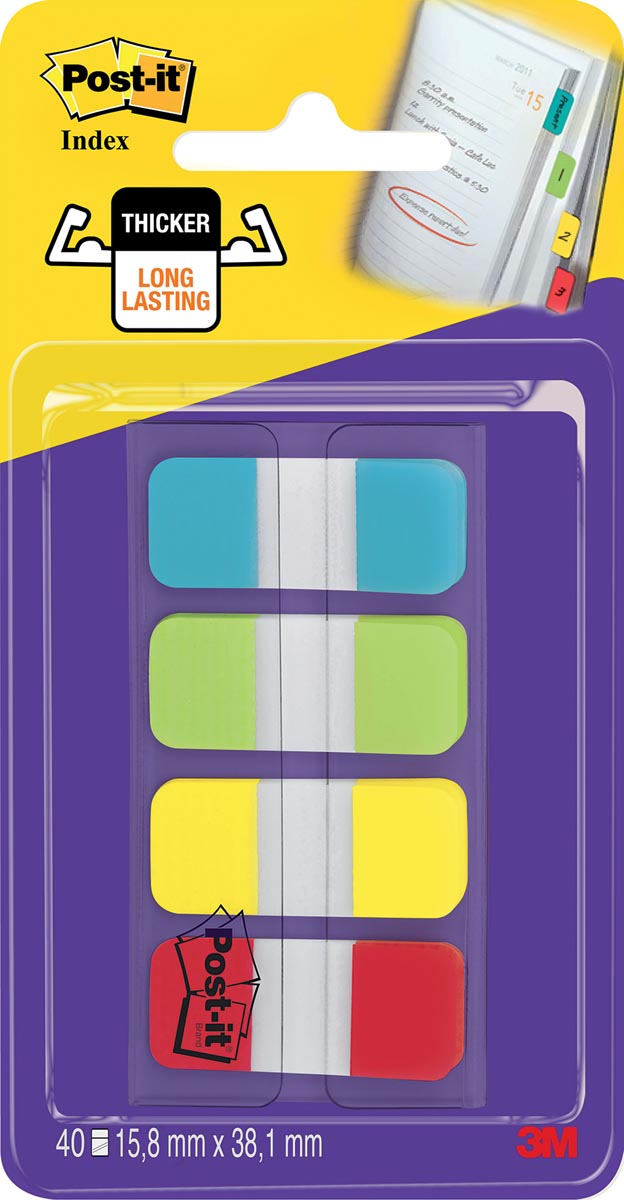 Post-it index Strong, ft 15,8 x 38,1 mm, blister met 4 kleuren, 10 tabs per kleur 1 Post-it index Strong, ft 15,8 x 38,1 mm, blister met 4 kleuren, 10 tabs per kleur