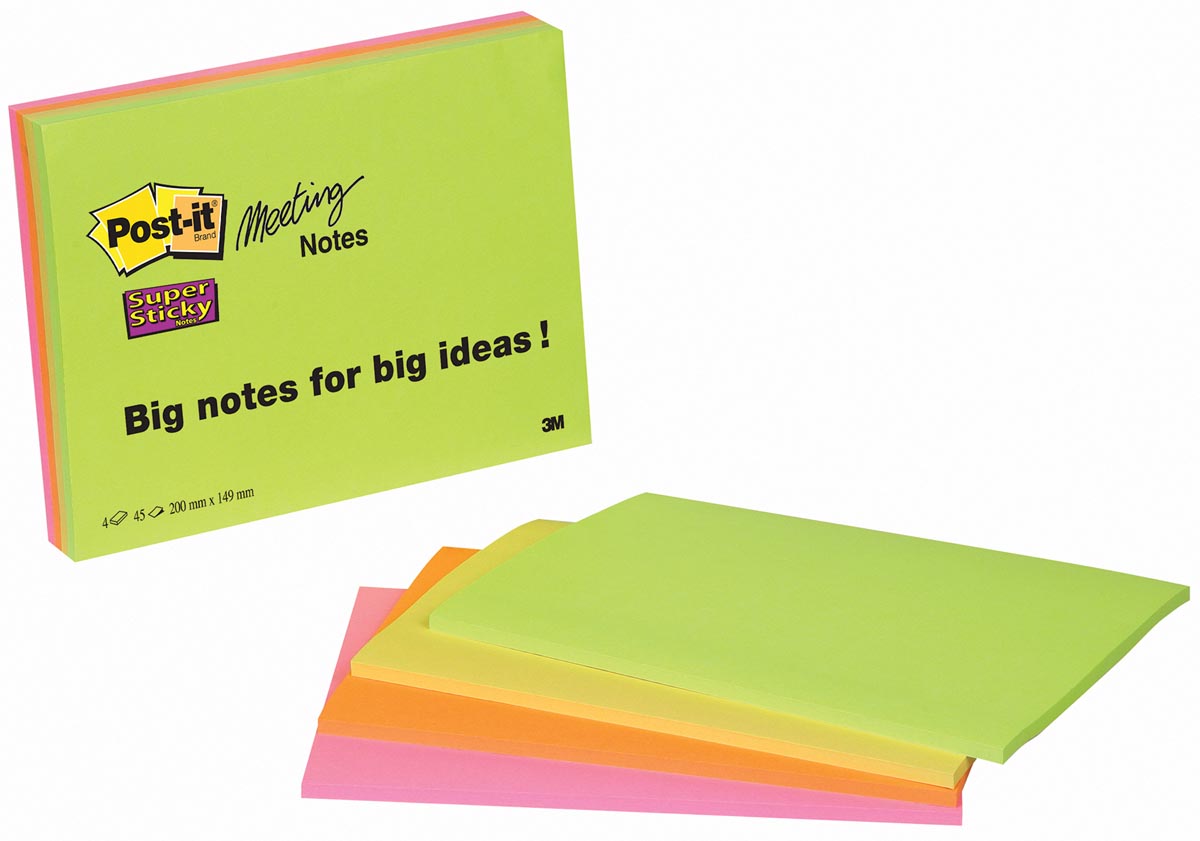 Post-it Super Sticky Meeting notes, 45 vel, ft 152 x 203 mm, geassorteerde kleuren, pak van 4 blokken 1 Post-it Super Sticky Meeting notes, 45 vel, ft 152 x 203 mm, geassorteerde kleuren, pak van 4 blokken
