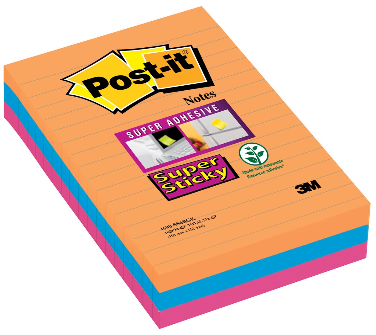Post-it Super Sticky Notes XXL Boost, 90 vel, ft 101 X 152 mm, gelijnd, geassorteerde kleuren, pak van 3 1 Post-it Super Sticky Notes XXL Boost, 90 vel, ft 101 X 152 mm, gelijnd, geassorteerde kleuren, pak van 3