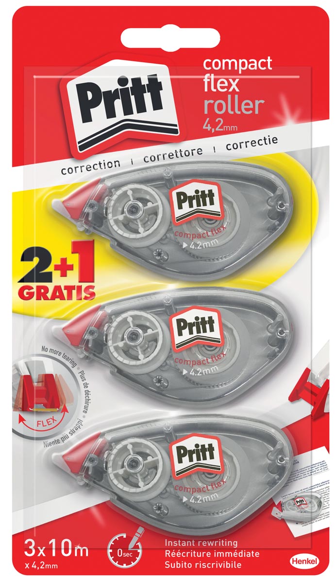 Pritt correctieroller Compact Flex 4,2 mm x 10 m, blister 2 + 1 gratis 1 Pritt correctieroller Compact Flex 4,2 mm x 10 m, blister 2 + 1 gratis
