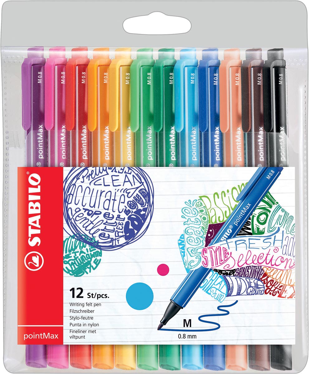 STABILO pointMax schrijfstift, 0,8 mm, etui van 12 stuks in geassorteerde kleuren 1 STABILO pointMax schrijfstift, 0,8 mm, etui van 12 stuks in geassorteerde kleuren