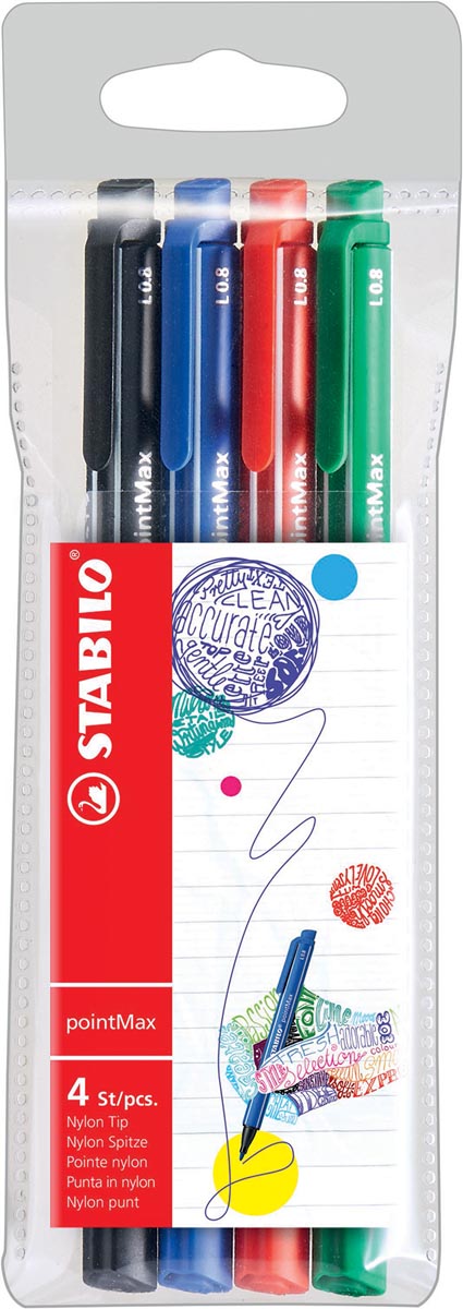 STABILO pointMax schrijfstift, 0,8 mm, etui van 4 stuks in geassorteerde standaard kleuren 1 STABILO pointMax schrijfstift, 0,8 mm, etui van 4 stuks in geassorteerde standaard kleuren