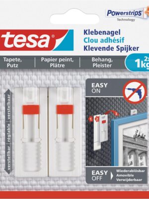 Tesa Klevende Spijker voor Behang en Pleisterwerk, verstelbaar, draagvermogen 1 kg, blister van 2 stuks