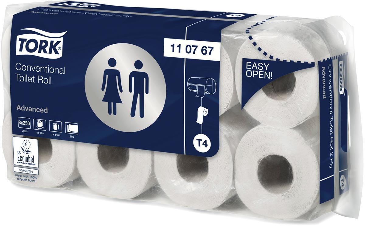 Tork toiletpapier Advanced, 2-laags, systeem T4, 250 vellen, pak van 8 rollen 1 Tork toiletpapier Advanced, 2-laags, systeem T4, 250 vellen, pak van 8 rollen