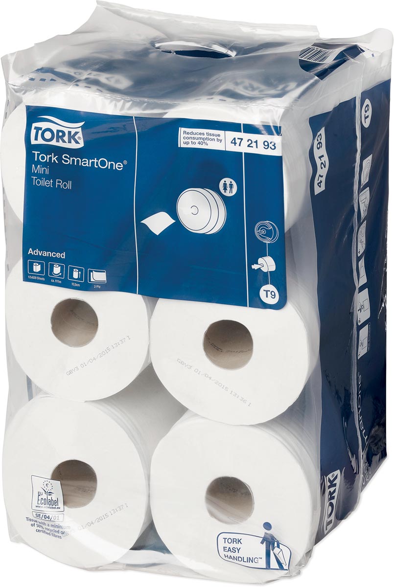 Tork toiletpapier SmartOne Mini, 2-laags, 111 meter, systeem T9, pak van 12 rollen 1 Tork toiletpapier SmartOne Mini, 2-laags, 111 meter, systeem T9, pak van 12 rollen